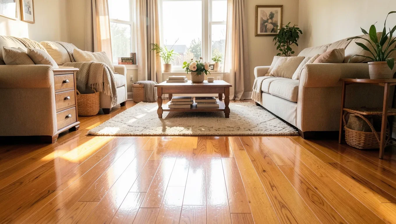 Clean, freshly mopped hardwood floor in a bright living room