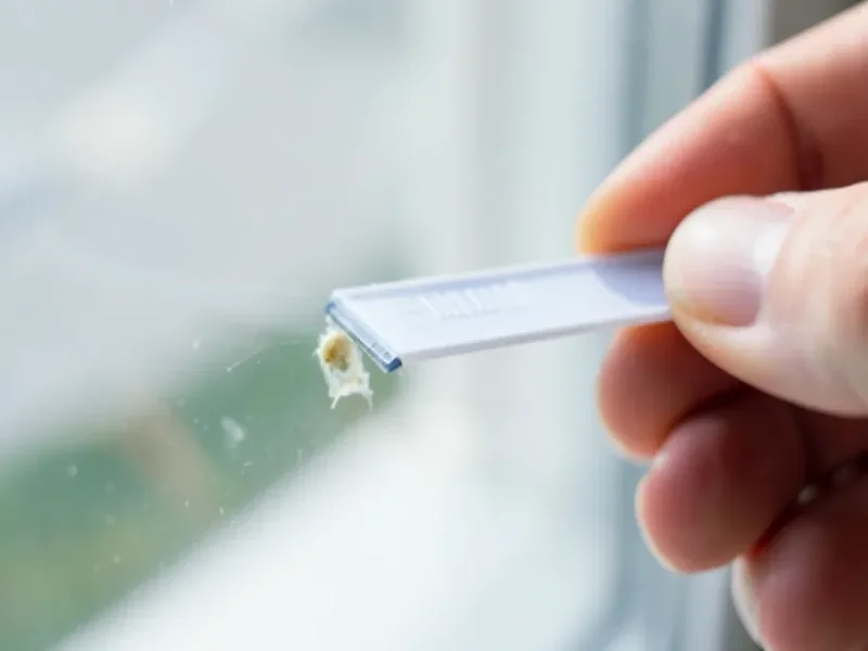 Using a plastic razor scraper at a low angle to lift dried glue off glass without scratching it