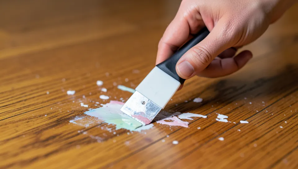 Person using a plastic scraper to remove dried paint from a wood floor