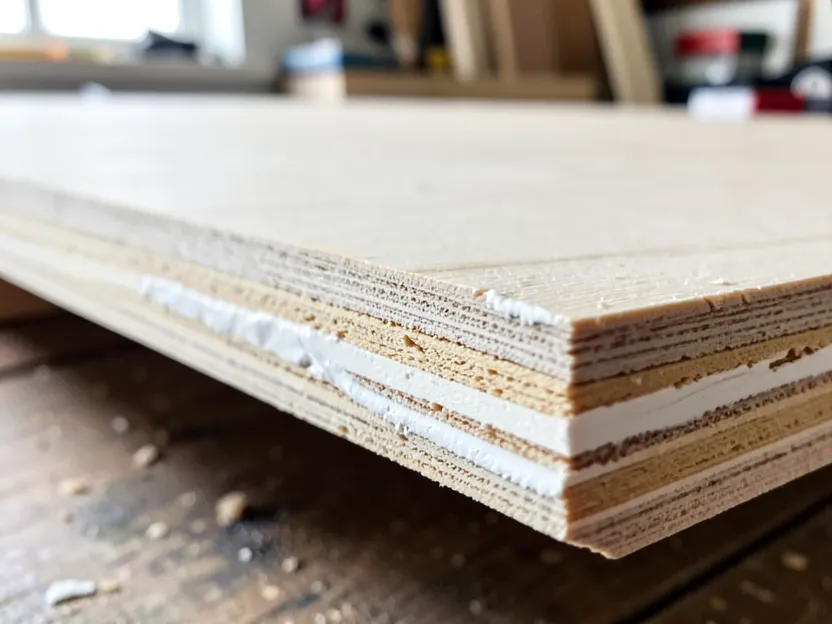 Close-up of a plywood edge showing the alternating cross-ply veneer layers with primer being brushed onto the exposed end grain