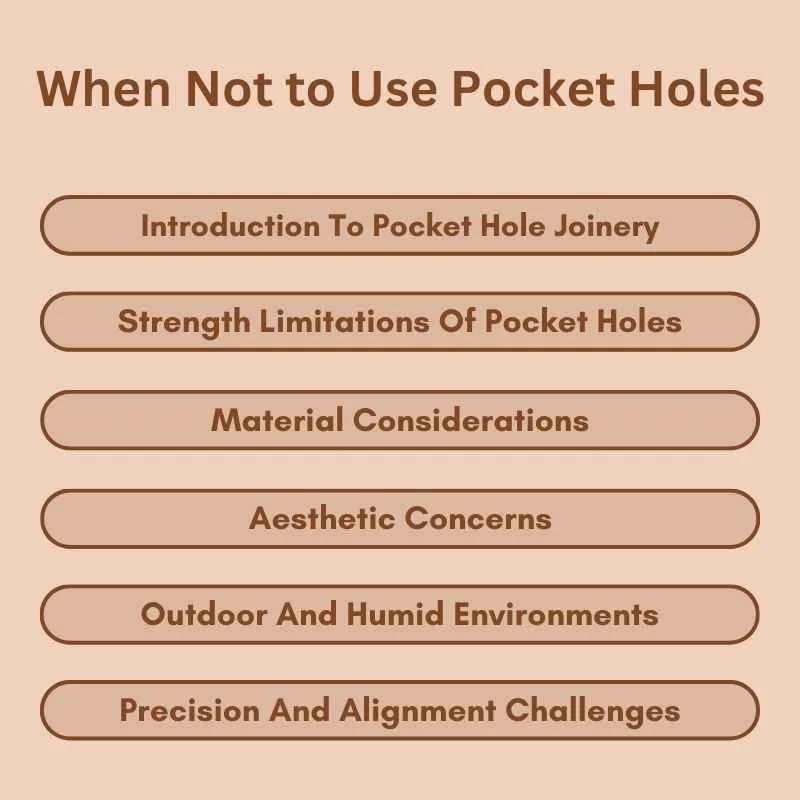 Infographic listing situations for when not to use pocket holes, from strength limits to alignment issues