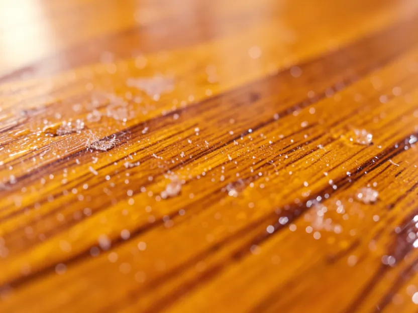 Close-up of a polyurethane finish showing dust nibs and cloudy texture from a skipped sanding step