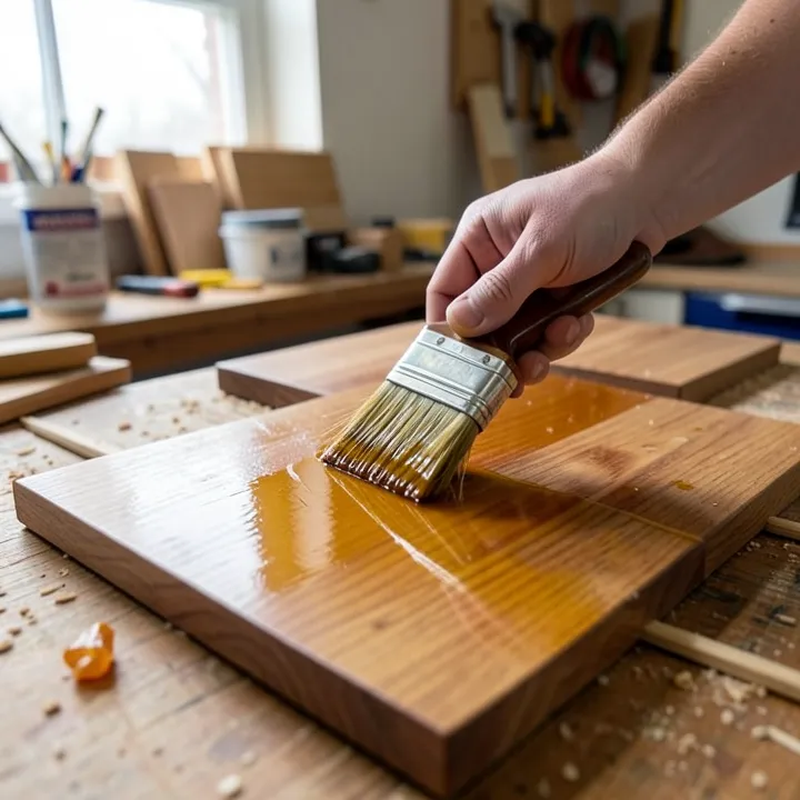 Brush applying glossy amber oil-based wood finish to hardwood boards