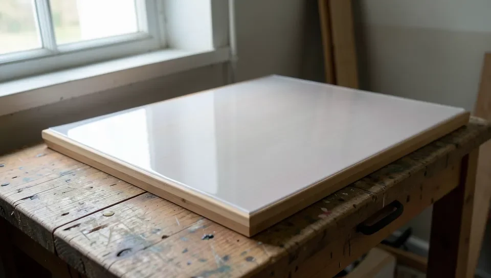 A polyurethane-coated painted wood panel left undisturbed to fully cure