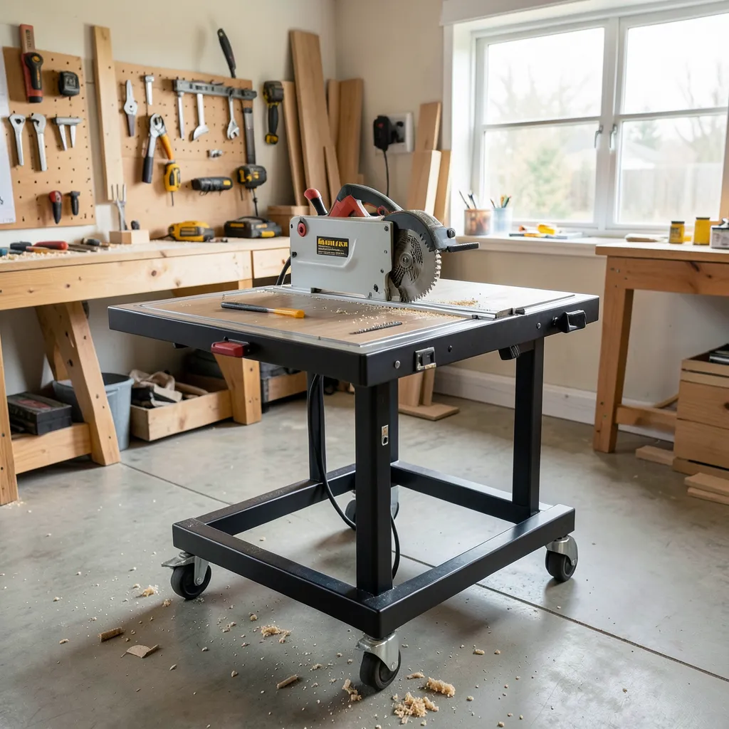 Modern portable jobsite table saw with folding rolling stand set up in a home workshop