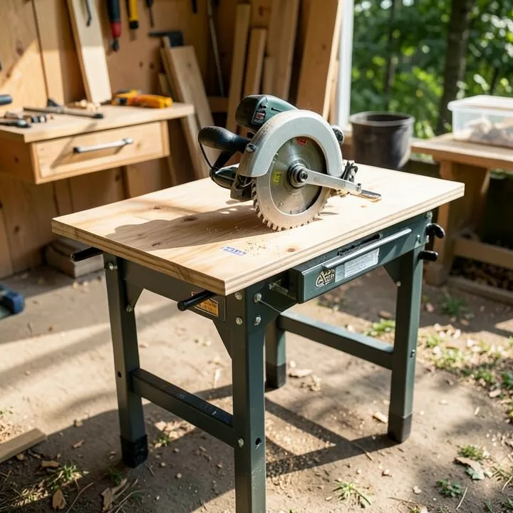 Folding portable workbench holding a circular saw with a plywood board, outdoor DIY cutting station Folding portable workbench holding a circular saw with a plywood board, outdoor DIY cutting station