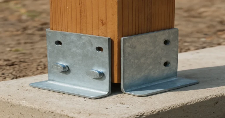 Galvanized metal post base holding a 4x4 wood post above a concrete footing showing the standoff gap