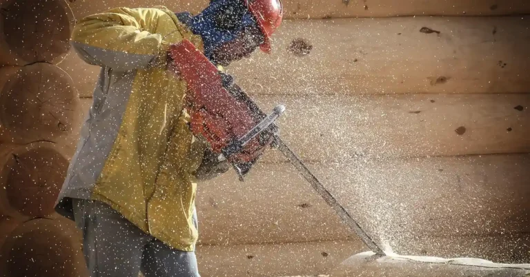 chainsaw operator cutting through a log, sawdust flying from the cut
