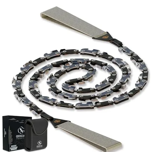 36-inch premium pocket chain saw with 48 teeth and carry pouch, a chain-link survival saw 36-inch premium pocket chain saw with 48 teeth and carry pouch, a chain-link survival saw