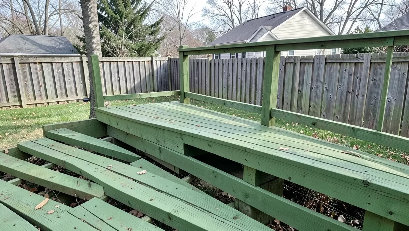 Deck built with pressure treated lumber joists visible underneath