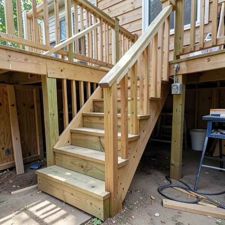 Pressure-treated 2x12 stair stringers being installed for a new backyard deck staircase