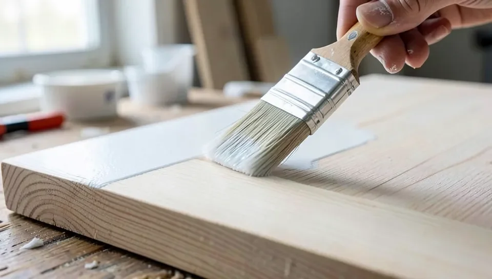 Applying white primer paint to a bare unfinished wood board with a brush