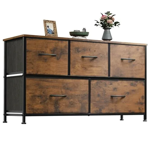 WLIVE wide dresser bedroom 5 drawer chest of drawers rustic brown