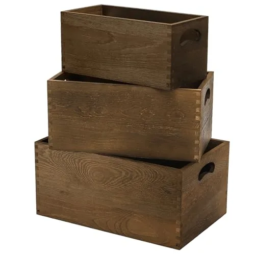 Hedume set of 3 nesting wooden crates, rustic brown, stackable