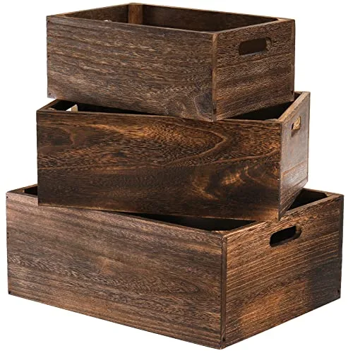 Frcctre set of 3 wood nesting storage crates with handles, rustic brown