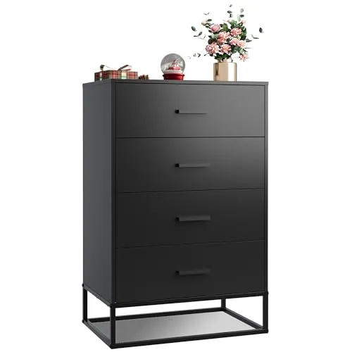 WLIVE black dresser bedroom 4 drawers tall sturdy metal frame wood chest