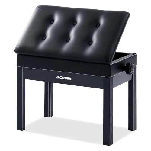 AODSK adjustable piano bench with storage, padded cushion, black