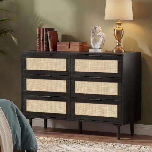 FUQARHY 6 drawer rattan dresser modern wood chest with storage drawers