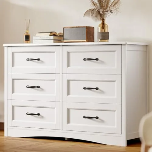 Gizoon 47 inch 6 drawer dresser white wide chest of drawers for bedroom