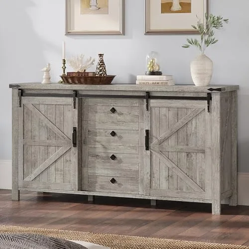 AMERLIFE 60 inch farmhouse 4 drawer dresser barn doors light rustic oak