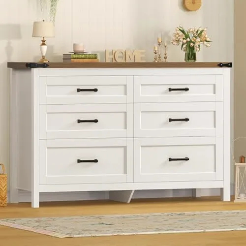 TEENFON 47.2 inch dresser bedroom white 6 drawer with metal handles wood farmhouse