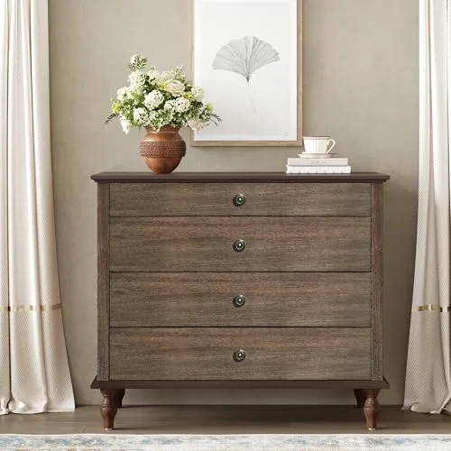 ALEVINE 40 inch deep rustic brown accent chest with 4 drawers farmhouse wooden dresser copper handles