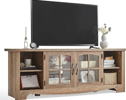 LINSY Home farmhouse TV stand with glass cabinet doors holding a mounted flat-screen TV LINSY Home farmhouse TV stand with glass cabinet doors holding a mounted flat-screen TV