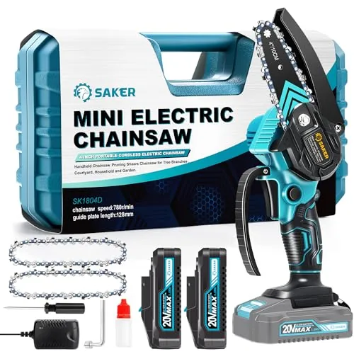 Saker Mini Chainsaw,Portable Electric Cordless Chainsaw,Battery Powered,Small Power Handheld Chain Saws Pruning Shears for Tree Branches,Courtyard and Garden,(2PCS 20VBatteries&3 PCS Chains Blue) Saker Mini Chainsaw,Portable Electric Cordless Chainsaw,Battery Powered,Small Power Handheld Chain Saws Pruning Shears for Tree Branches,Courtyard and Garden,(2PCS 20VBatteries&3 PCS Chains Blue)