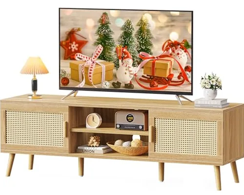 SUPERJARE boho rattan TV stand with two cabinets and solid wood feet SUPERJARE boho rattan TV stand with two cabinets and solid wood feet