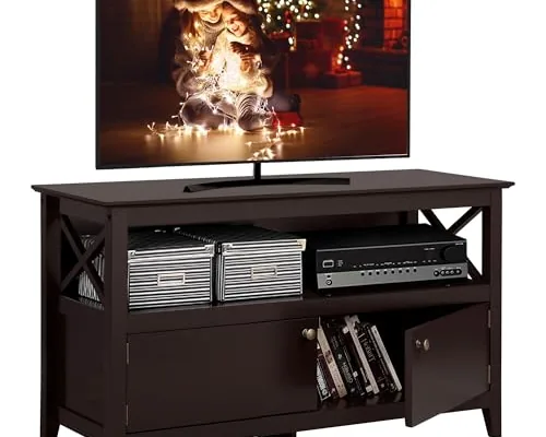 Yaheetech small espresso wood TV stand with open shelf and two cabinet doors Yaheetech small espresso wood TV stand with open shelf and two cabinet doors