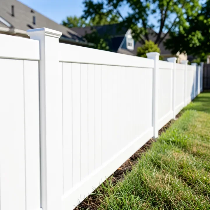 white PVC vinyl privacy fence panel in a sunny backyard