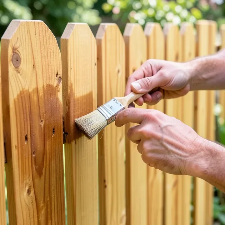 hands applying wood stain to a cedar fence board with a paintbrush