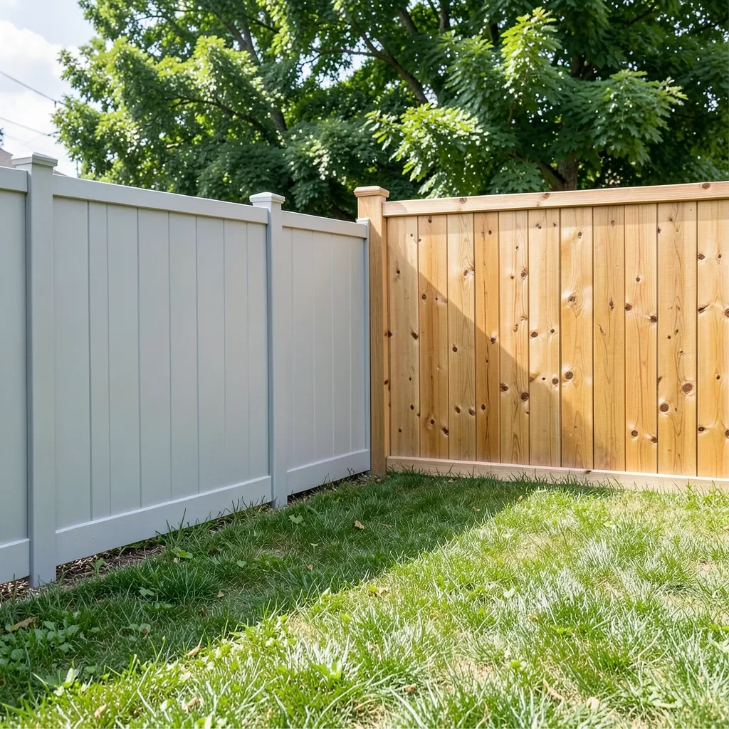 PVC vinyl fence next to a wood cedar fence side by side comparison