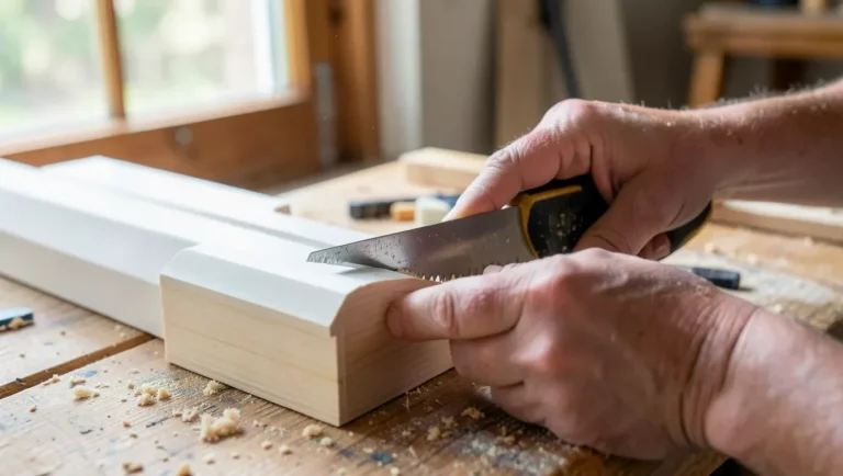 Carpenter cutting quarter round trim molding with a coping saw at a workbench