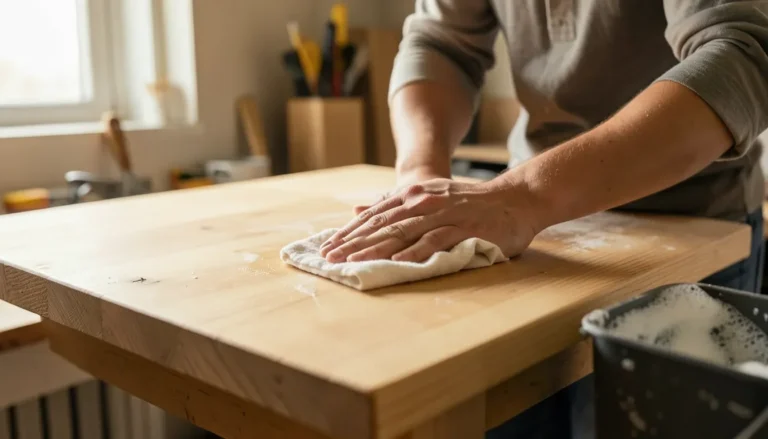 Cleaning raw unsealed wood tabletop with a barely damp cloth in a workshop