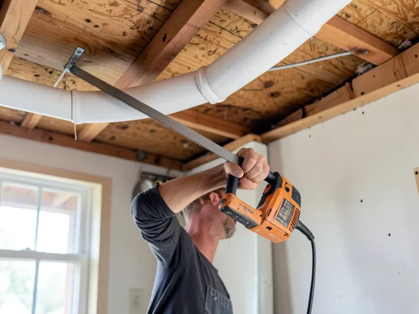 Woodworker using a reciprocating saw to cut PVC dust collection pipe along a shop ceiling joist