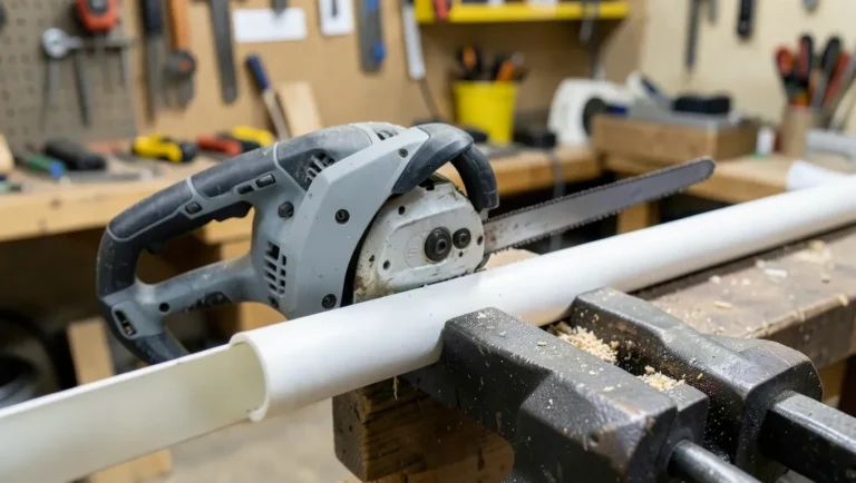 Cordless reciprocating saw cutting a white PVC pipe clamped in a workshop vise
