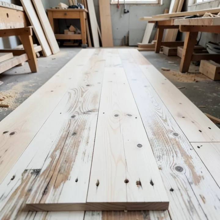 Reclaimed white oak flooring planks with mixed weathered tones and visible nail holes