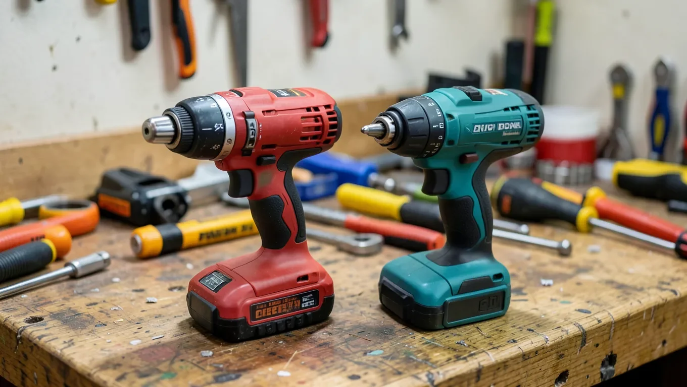 Red and teal cordless drills placed side by side on a workbench