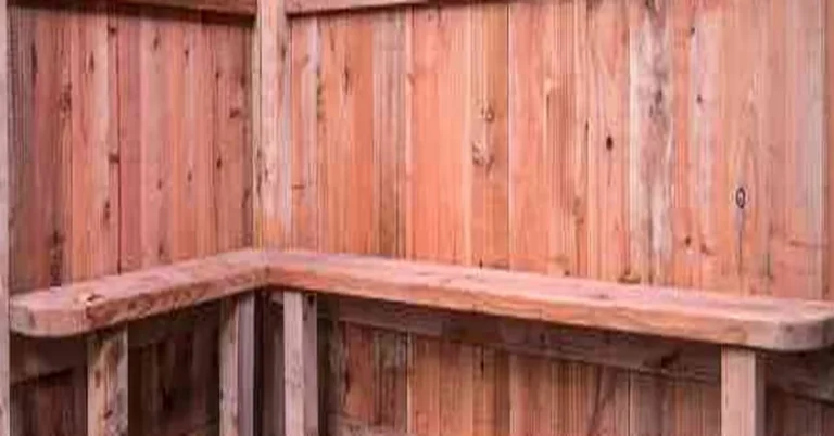 Close-up of redwood deck boards used to build a built-in corner bench