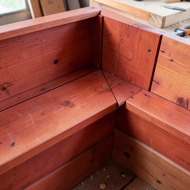Close-up of redwood deck boards used to build a built-in corner bench