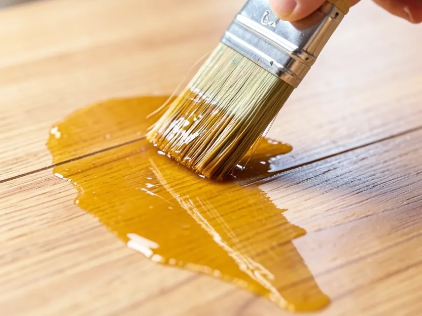 Close-up of a paintbrush applying amber polyurethane finish to a sanded wood floor plank