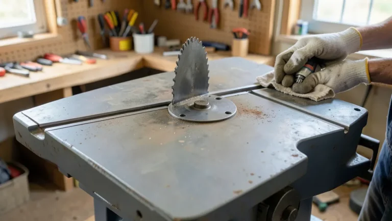 Table saw cast iron top with light surface rust being cleaned during a refurbishing project