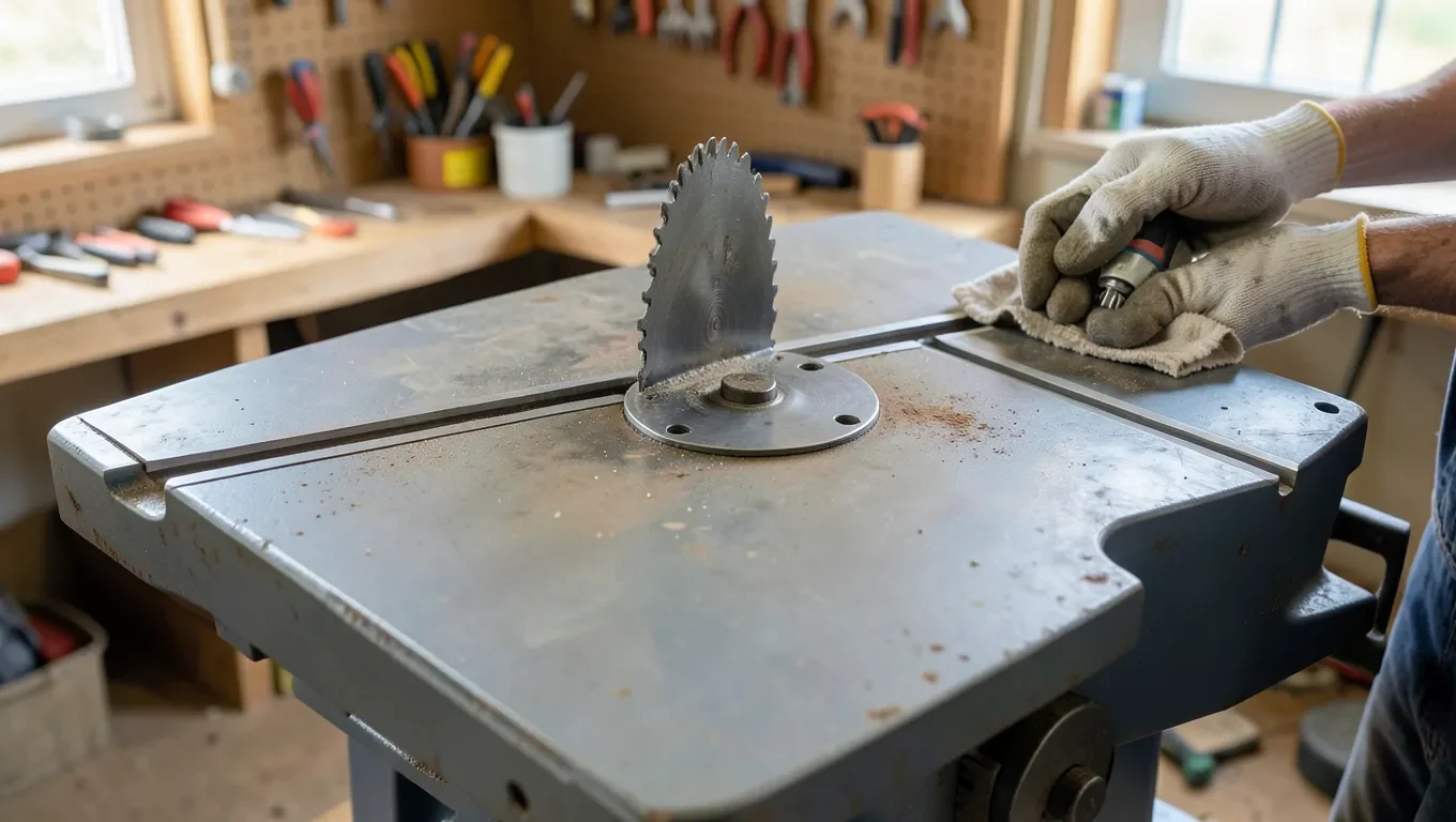 Table saw cast iron top with light surface rust being cleaned during a refurbishing project