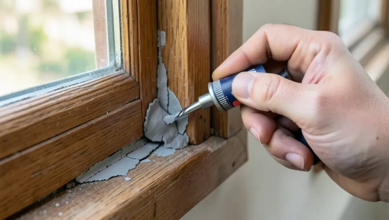 Scraping old cracked caulk off a wood window frame with a small hand tool