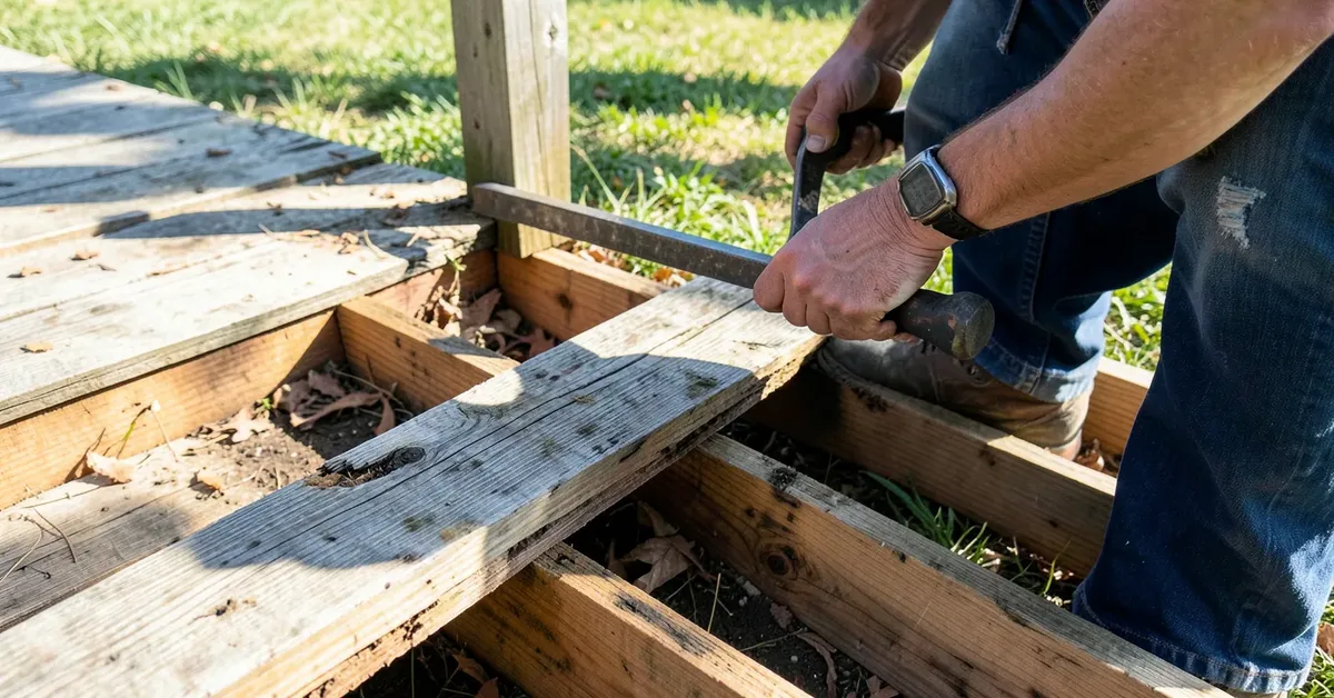 Using a pry bar to remove an old damaged deck board and expose the joists underneath