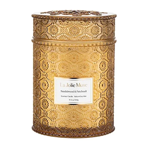 LA Jolie Muse Sandalwood Candles, Wood Wick Candle, Sandalwood & Patchouli Candle, Natural Soy Candle, Large Candle for Home Scented, Gift Candle for Women & Men