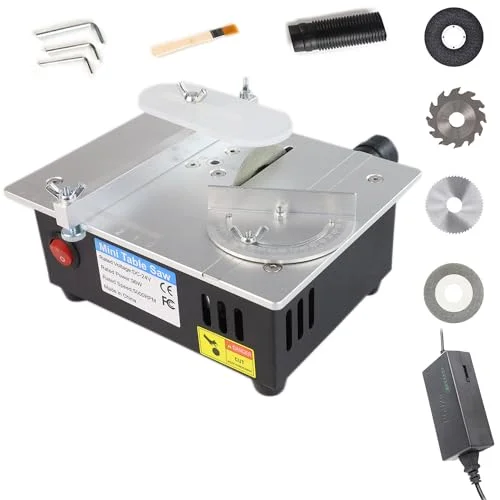Mini Table Saw, RTOVZON 96W Mini Desktop Electric Saw Cutter, Cut Thickness Adjustable Precision Craft Table Saw with Speed & Angle Adjust 4* Blades, Available for Wood/PCB/Acrylic/Plastic/Aluminium