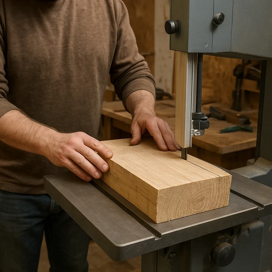 Woodworker resawing a thick board on a band saw with a tall resaw fence