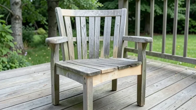 Weathered gray outdoor wood chair partially sanded back to bare wood on a deck